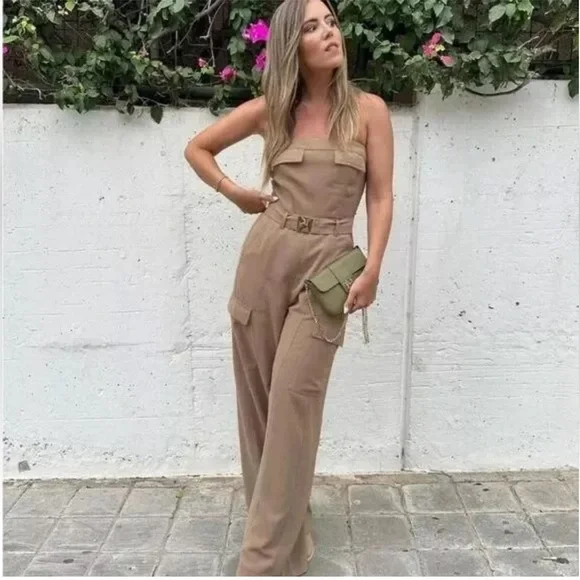 Zara cargo jumpsuit wide leg sleeveless tan belted - Picture 4 of 8